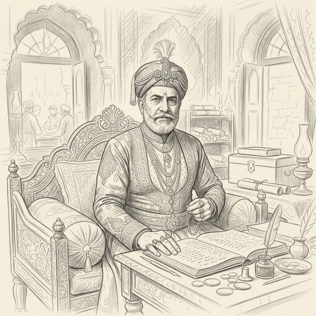 Mughal emperor in traditional royal attire seated at ornately carved desk with manuscripts and coins